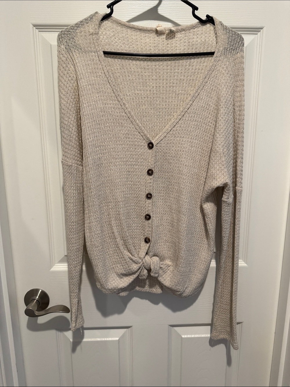 Light Beige Knit Button-Front Women’s Sweater with Front Tie